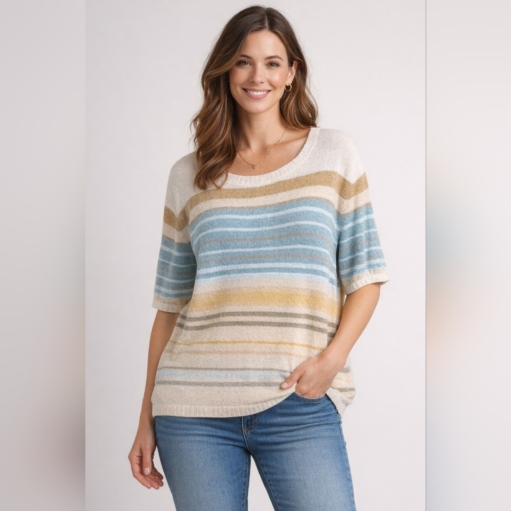 Pendleton Women's Sweater Short Sleeve Multi Color Blue Tan Stripe Size XL